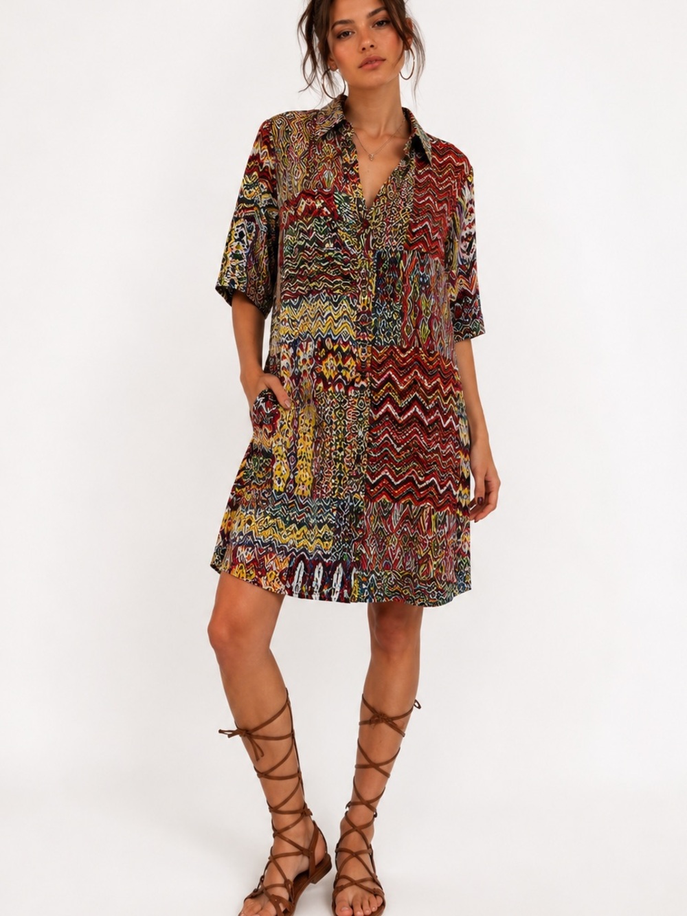 Mlle Gabrielle Geometric Patchwork Shirt Dress Size L Boho Chevron Tunic